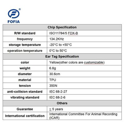 Waterproof 134.2kHz RFID Ear Tag untuk Pelacakan Sapi dengan Ketegangan 350N dan ISO11784/5 Compliance