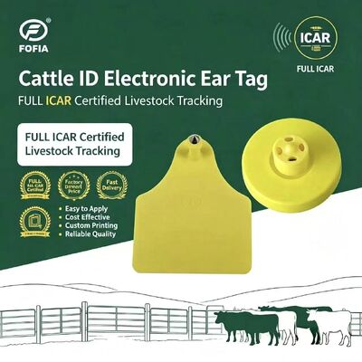 FOFIA Penuh ICAR LF Tahan Lama Tahan Air RFID TPU Tag Telinga Hewan Kuning ET908 + T905 EM4305 Chip Garansi 5 Tahun Ternak 14.5Mm