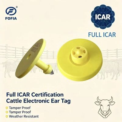 Tag Telinga Sapi Fofia Full ICAR Certified ET908 Kuning RFID TPU Tahan Air Kualitas Tinggi Garansi 1.5 Tahun Peternakan Sapi