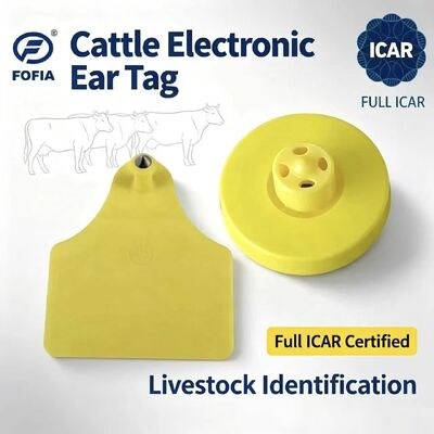 Tag Telinga Sapi Babi Domba FOFIA LF Tahan Air TPU Kuning ET908+T905 Chip EM4305 Garansi 5 Tahun 14.5mm