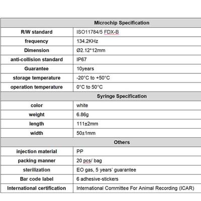 Fofia Baru ICAR Bersertifikat RFID 134.2kHz PP Microchip Animal ID Waterproof untuk Anjing & Kucing Gunakan Jaminan 1,5 Tahun