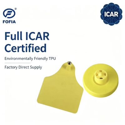 FOFIA Tag Telinga RFID LF TPU Kuning Tahan Lama ICAR Baru Tahan Air ET908+T905 Chip EM4305 Garansi 5 Tahun Sapi 14.5mm