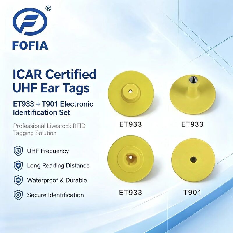 Tag Telinga Hewan RFID UHF Elektronik Tahan Air TPU 5.7mm Kuning ET933+Chip T901 Garansi 5 Tahun untuk Sapi Fofia