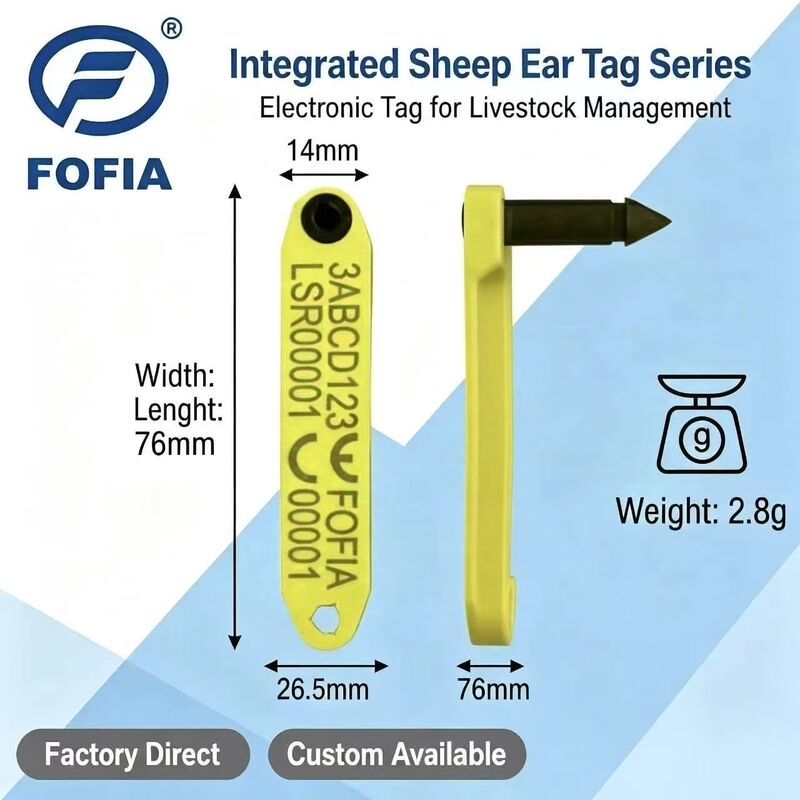 Fofia HDX baru tahan suhu tinggi terintegrasi anti-shedding TPU Laser-coded Electronic ET969 Yellow Sheep RFID Ear Tag 1.5