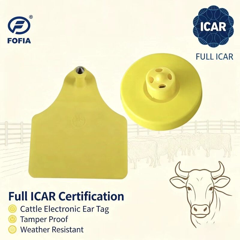 FOFIA Baru Full ICAR awet tahan air RFID TPU Tag Telinga Kuning LF ET908+T905 Chip Pertanian Garansi 5 Tahun Sapi 14,5mm