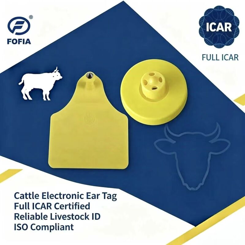 FOFIA Baru Full ICAR awet tahan air RFID TPU Label Telinga Kuning ET908+T905 Chip Pertanian Garansi 5 Tahun Sapi 14,5mm