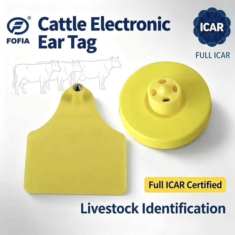 Tag Telinga Sapi Babi Domba FOFIA LF Tahan Air TPU Kuning ET908+T905 Chip EM4305 Garansi 5 Tahun 14.5mm