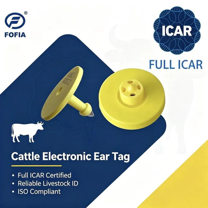 Tag Telinga Hewan ICAR ET908+T901 Tahan Air RFID LF TPU Kuning 14.5mm Sapi Sapi Chip Garansi 5 Tahun Sapi
