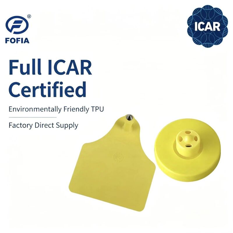 FOFIA Tag Telinga RFID LF TPU Kuning Tahan Lama ICAR Baru Tahan Air ET908+T905 Chip EM4305 Garansi 5 Tahun Sapi 14.5mm